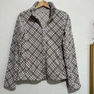 Uniqlo women's‎ Houndstooth Fleece Full Zip Jacket Coat Pockets Winter Warm